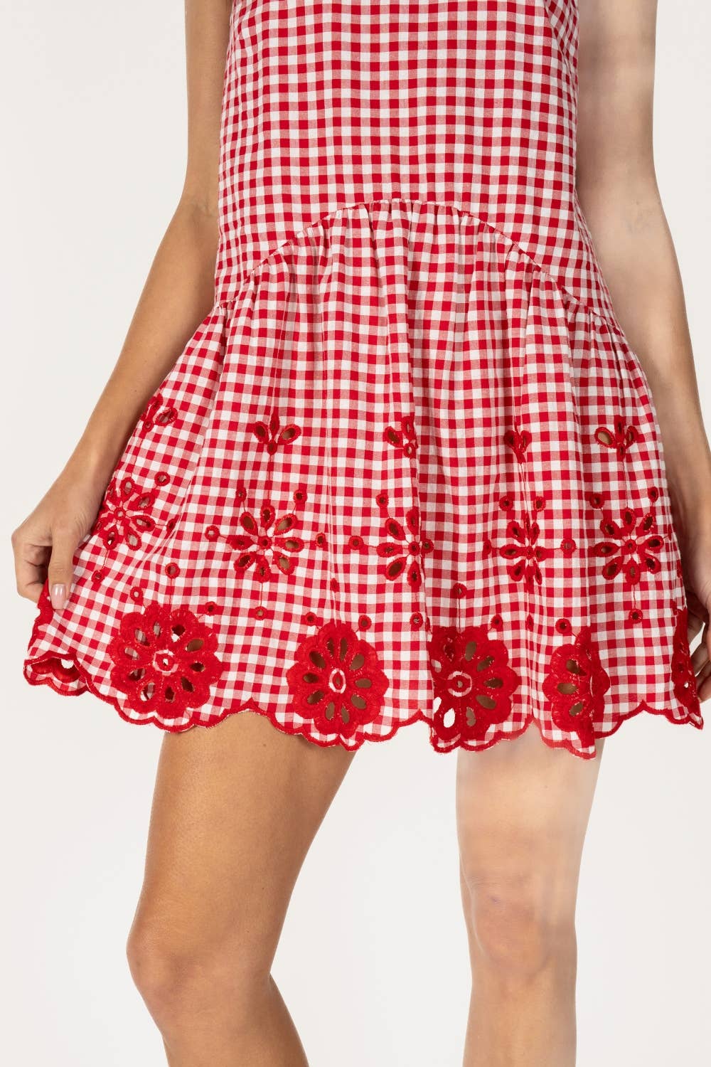 Red Gingham Sleeveless Mini Dress with Eyelet Hem