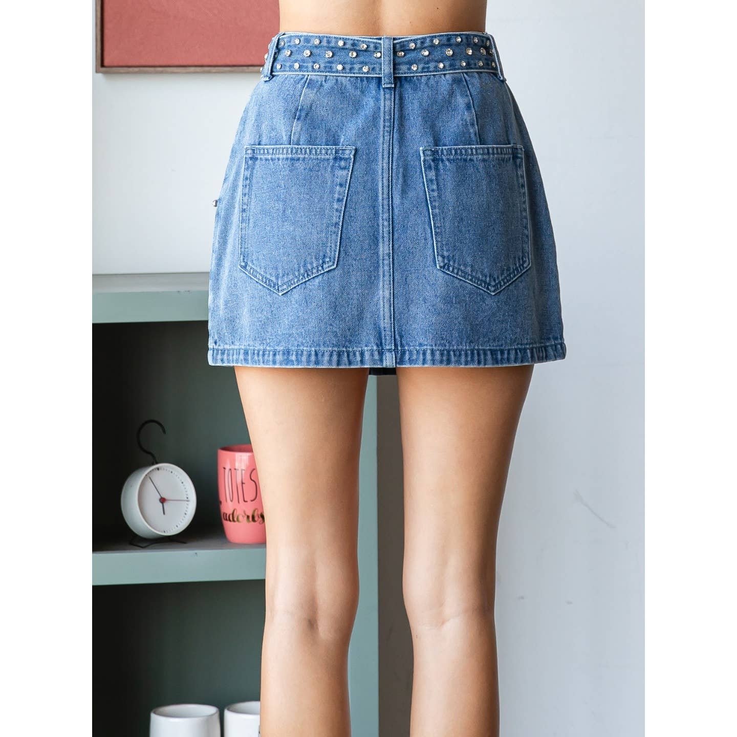 Rhinestone Belt Denim Mini Skirt