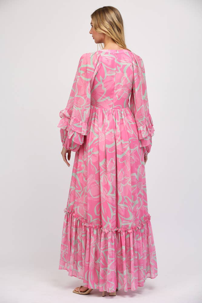 DEEP V-NECK WITH RUFFLED LONG SLEEVE MAXI DRESS