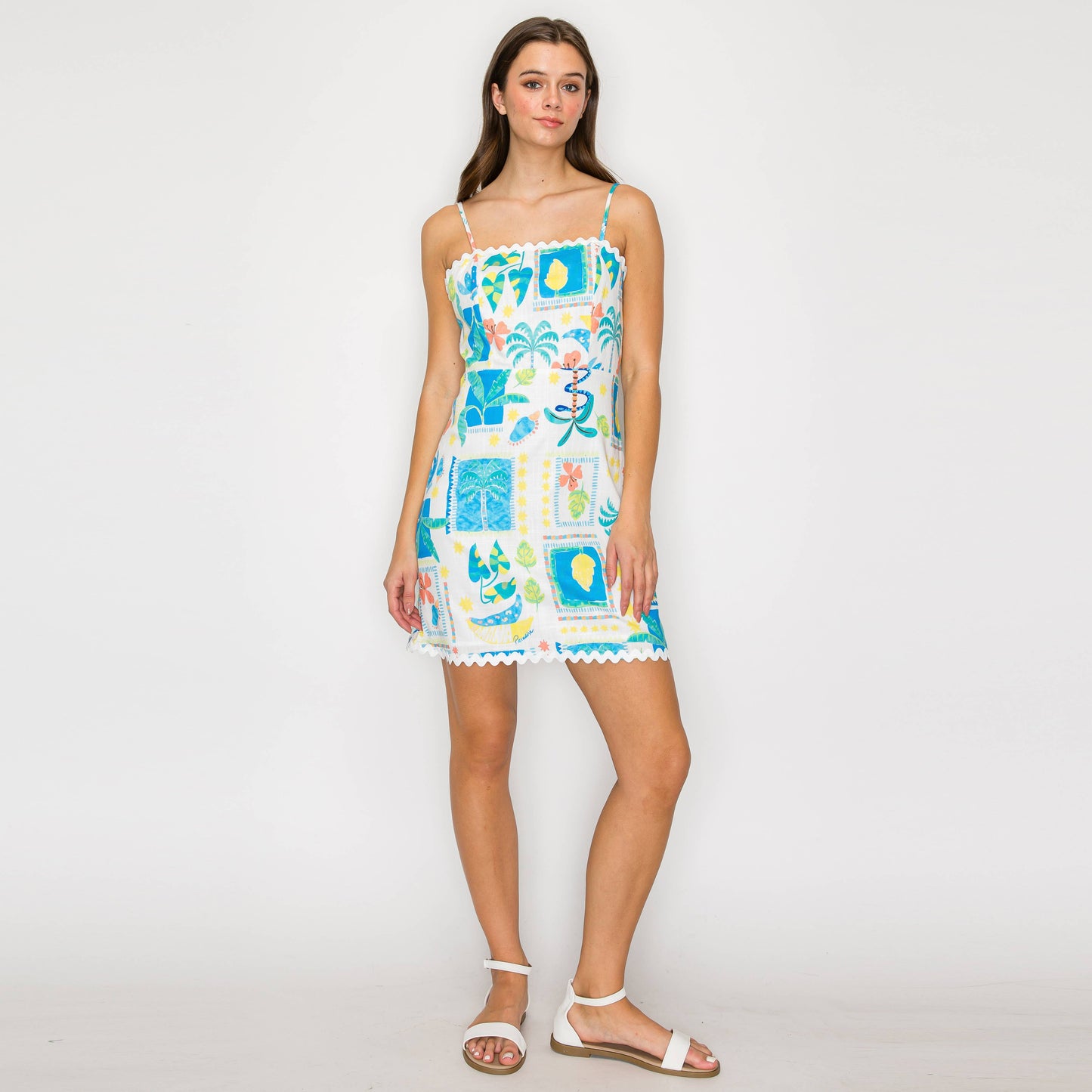 Retro Blue Palm Tree Mini Dress w/ Rick Rack trim