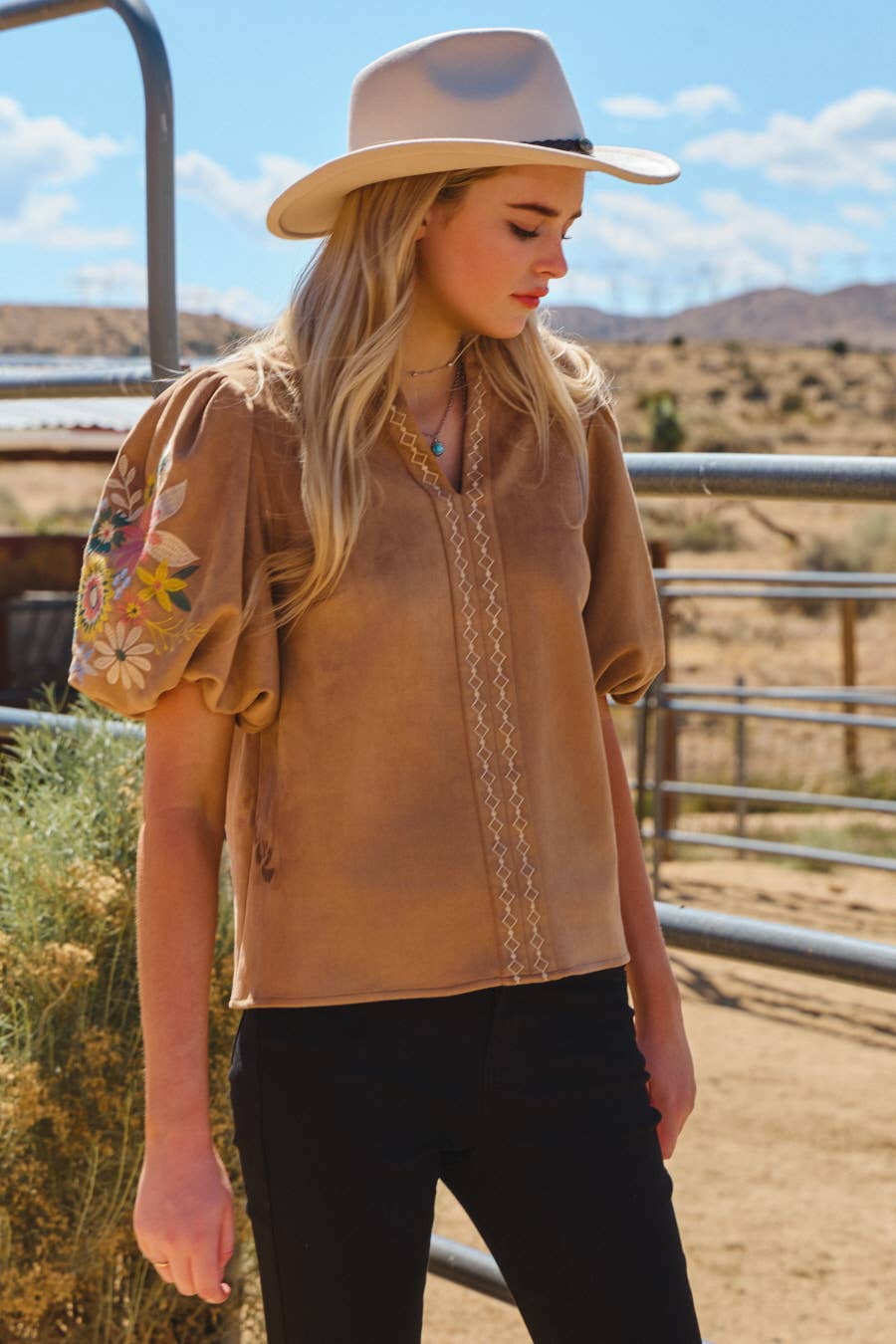 Faux Suede Puff Sleeve Top