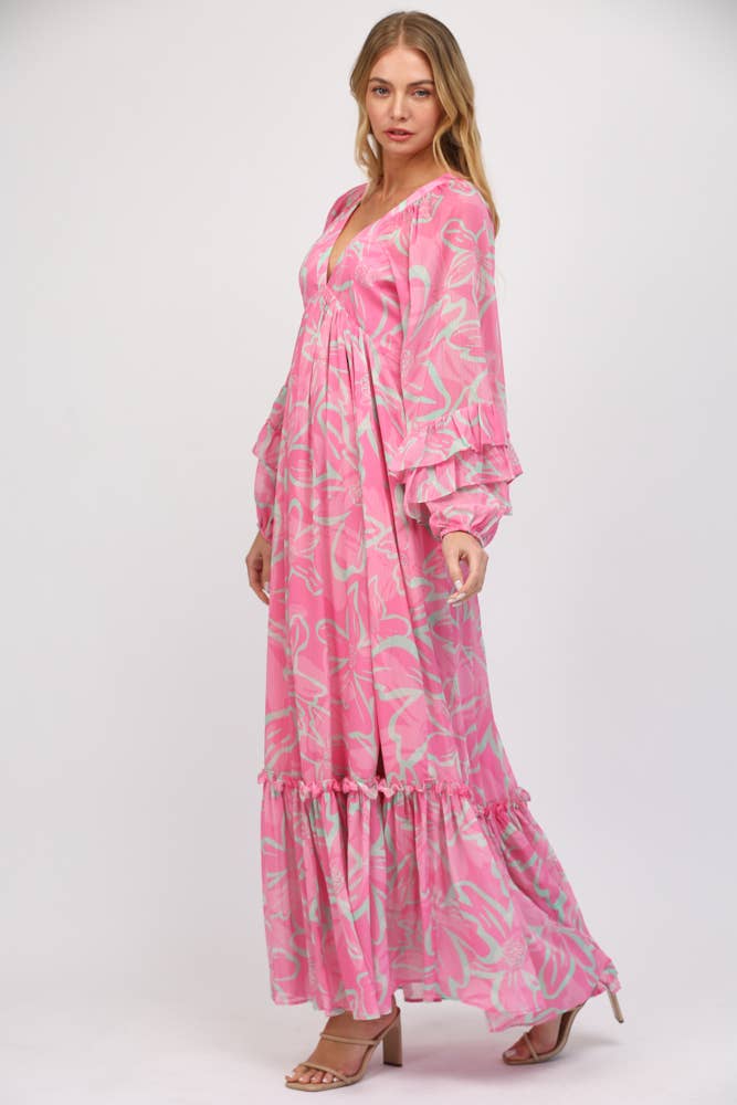 DEEP V-NECK WITH RUFFLED LONG SLEEVE MAXI DRESS