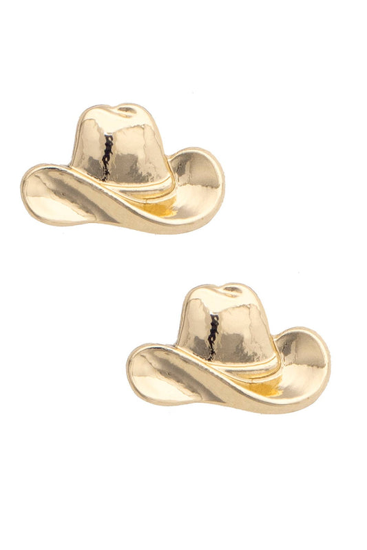 Gallon Cowboy Hat Stud Earrings in Shiny Gold