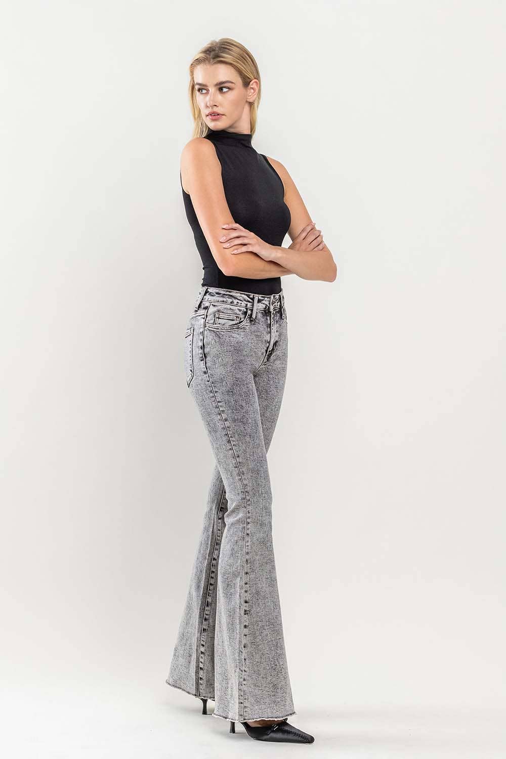 HIGH RISE OVER DYED ACID WASH SUPER FLARE JEANS