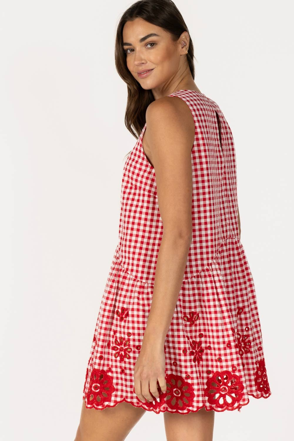 Red Gingham Sleeveless Mini Dress with Eyelet Hem