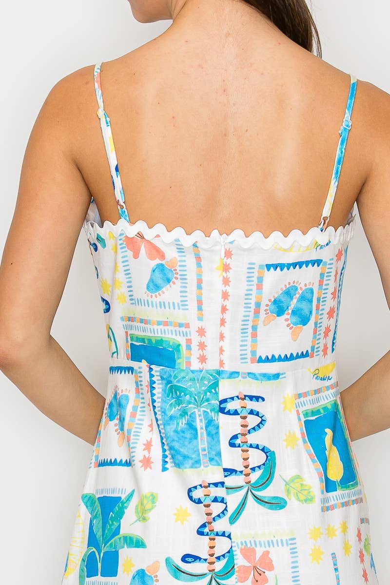 Retro Blue Palm Tree Mini Dress w/ Rick Rack trim