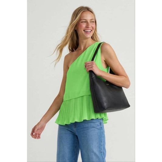 One Shoulder Pleated Top With Tie Detail: Green Glow