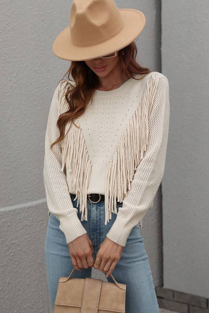 Hollow Out Sleeve Tassle Knit Sweater