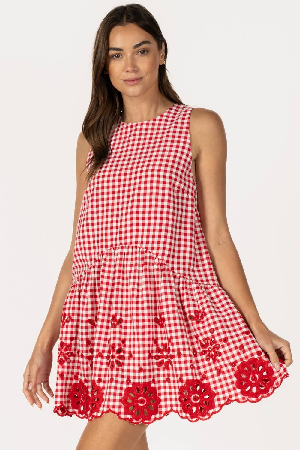 Red Gingham Sleeveless Mini Dress with Eyelet Hem