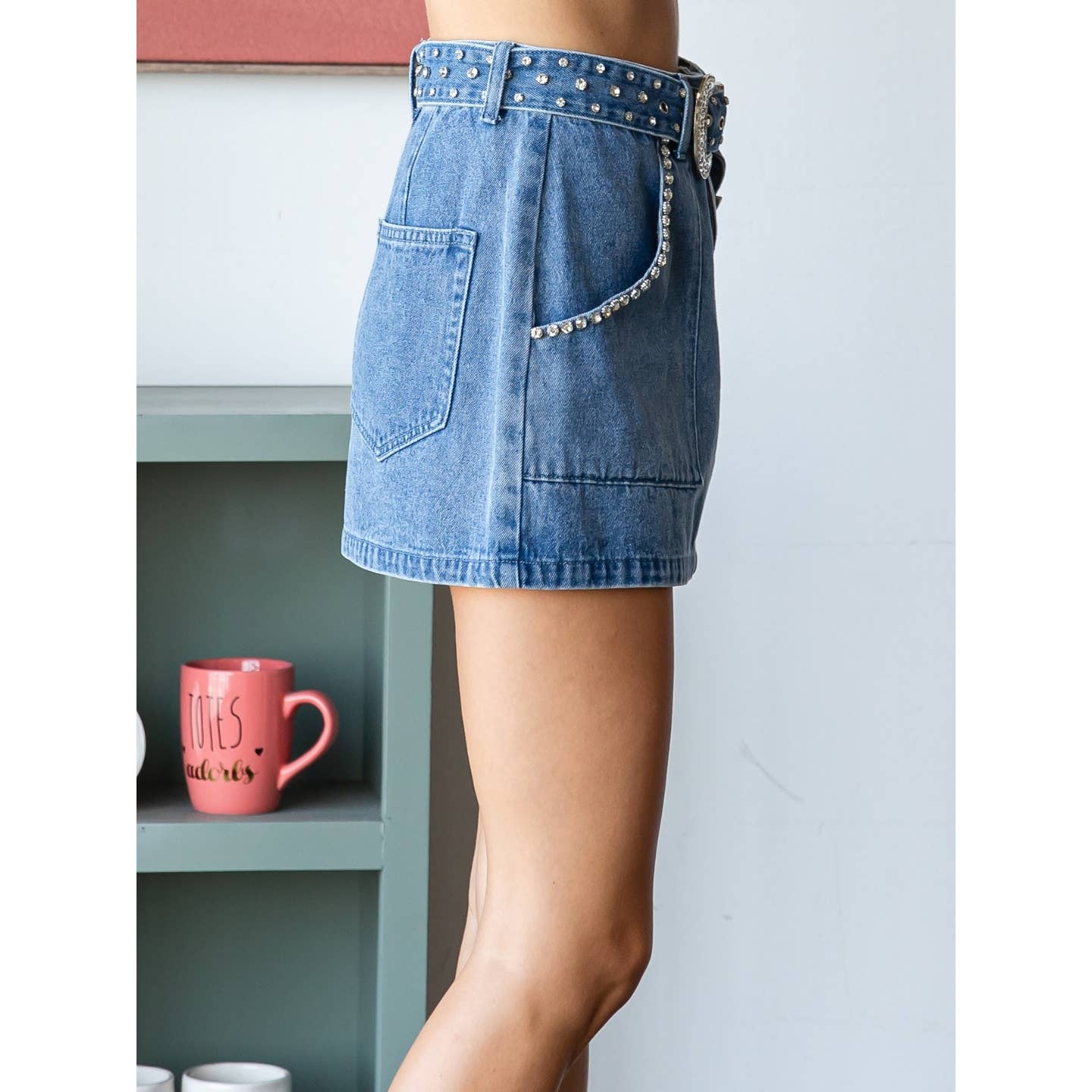 Rhinestone Belt Denim Mini Skirt