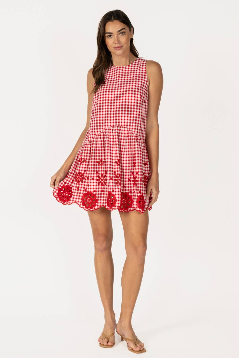 Red Gingham Sleeveless Mini Dress with Eyelet Hem