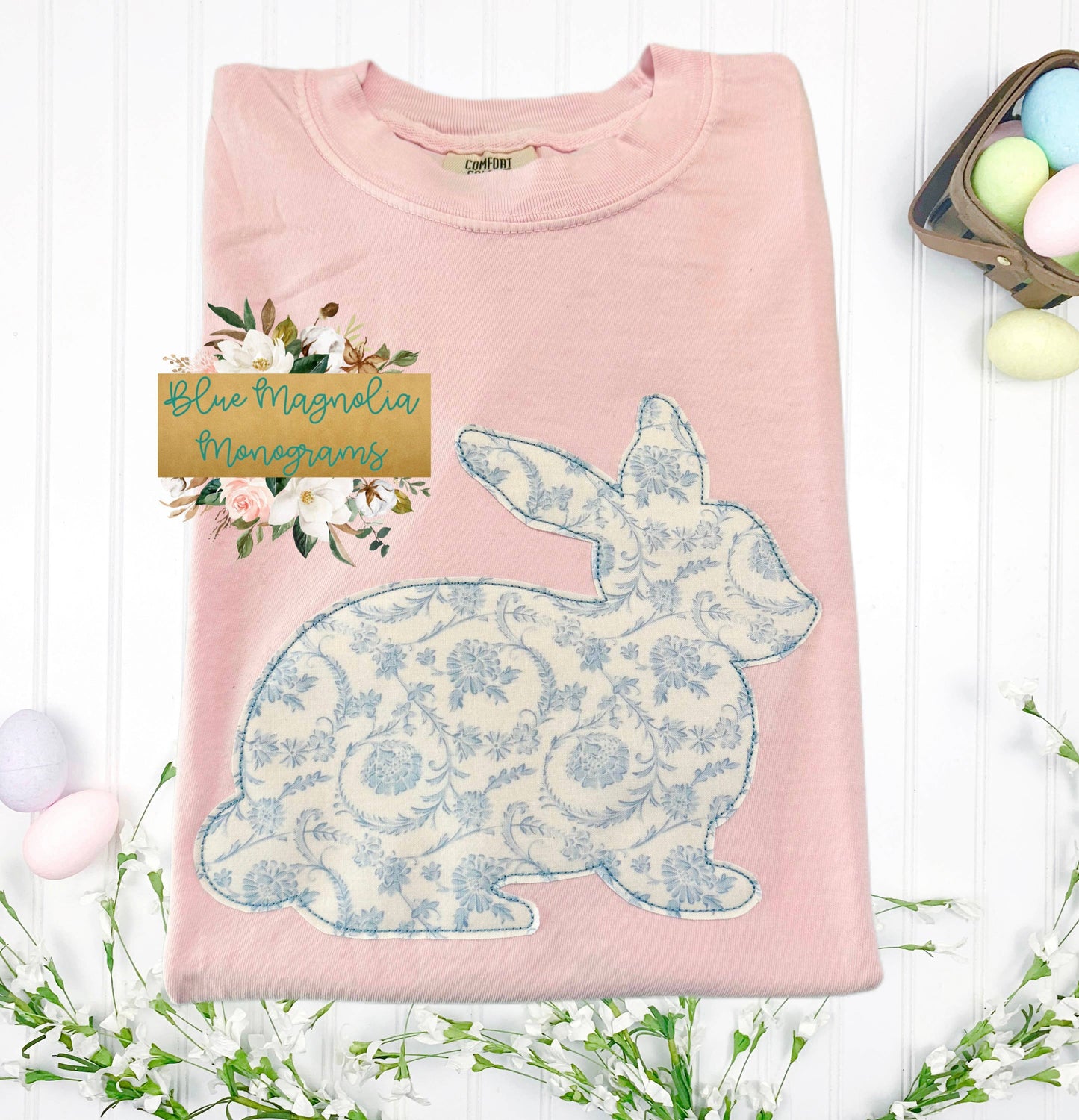 Chinoiserie Blue and White Bunny Applique Embroidered Shirt