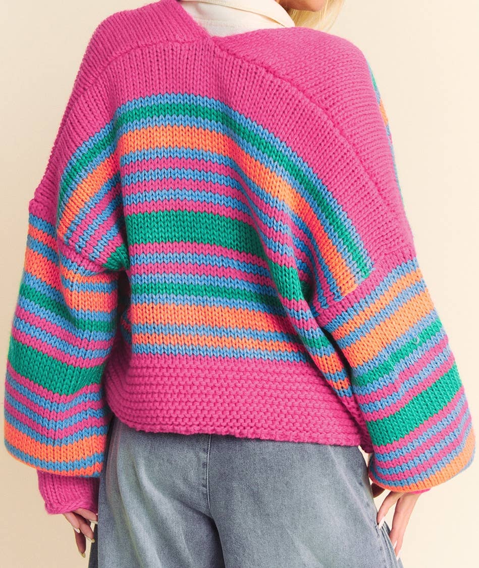 Stripe Colorful Puff Sleeve Drop Shoulder Loose Cardigan