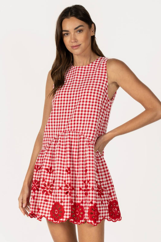Red Gingham Sleeveless Mini Dress with Eyelet Hem