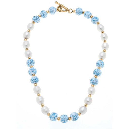 Blythe Porcelain & Pearl Beaded Necklace in Wedgwood Blue