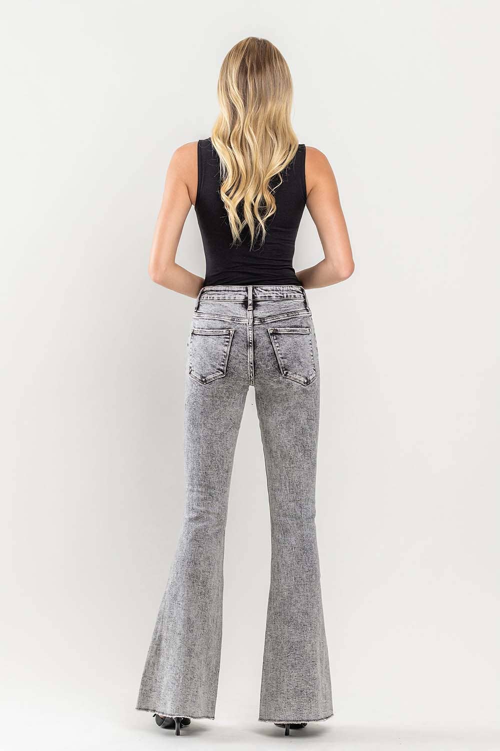 HIGH RISE OVER DYED ACID WASH SUPER FLARE JEANS