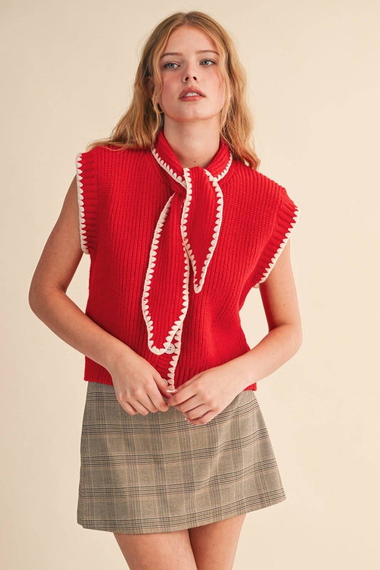 TIE NECK SWEATER VEST WITH CONTRAST BLANKET STITCH