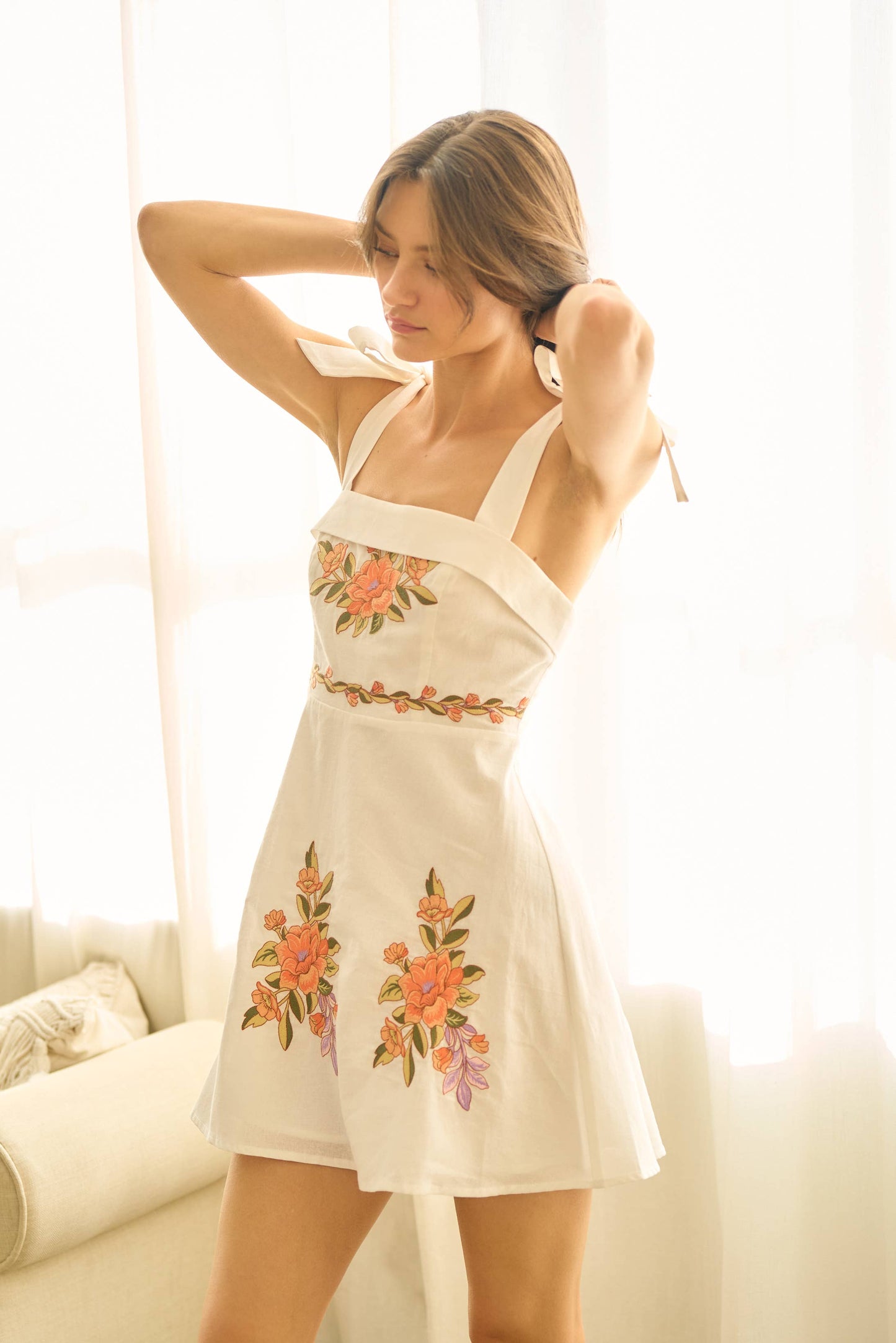 Floral Embroidery Shoulder-Tie A-Line Mini Dress
