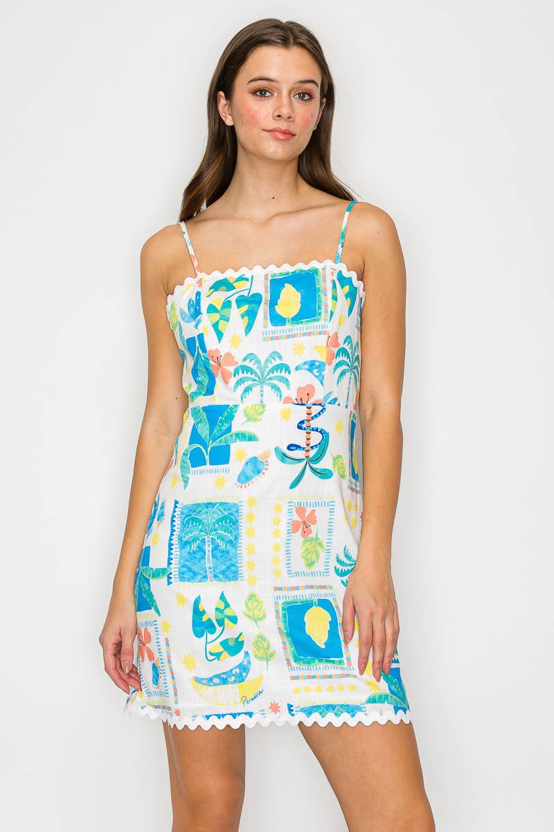 Retro Blue Palm Tree Mini Dress w/ Rick Rack trim