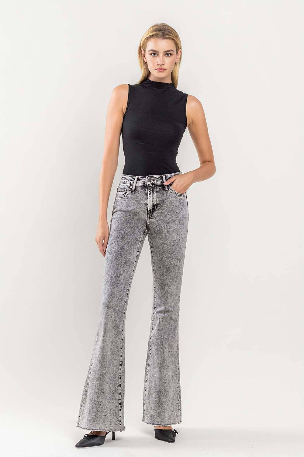 HIGH RISE OVER DYED ACID WASH SUPER FLARE JEANS