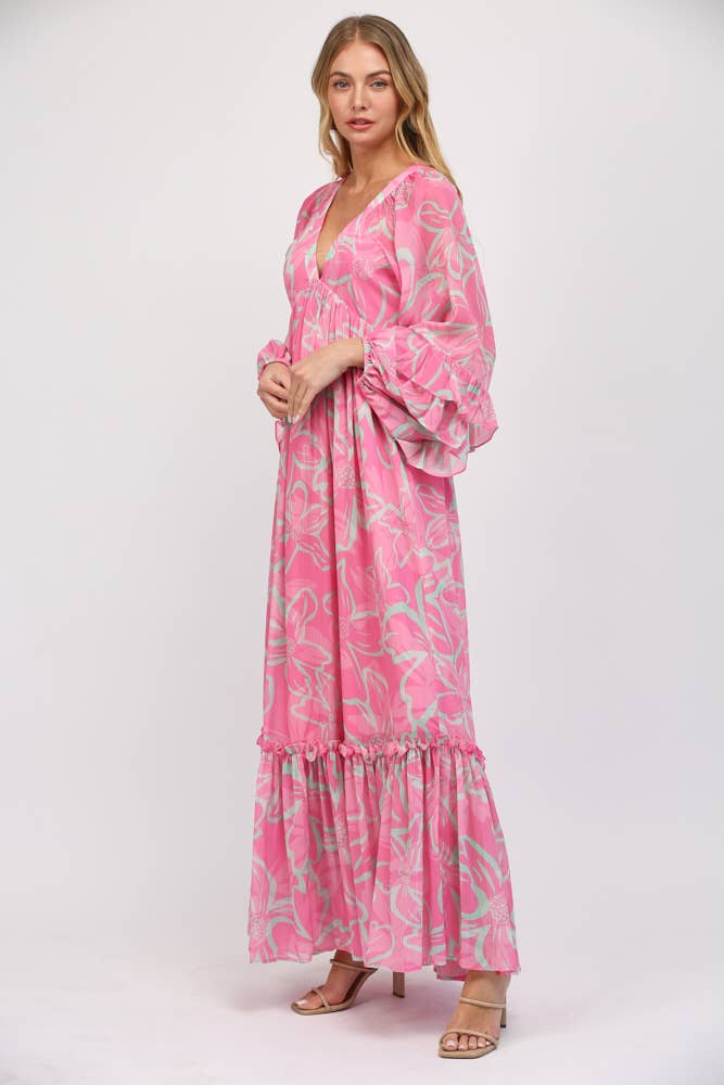 DEEP V-NECK WITH RUFFLED LONG SLEEVE MAXI DRESS