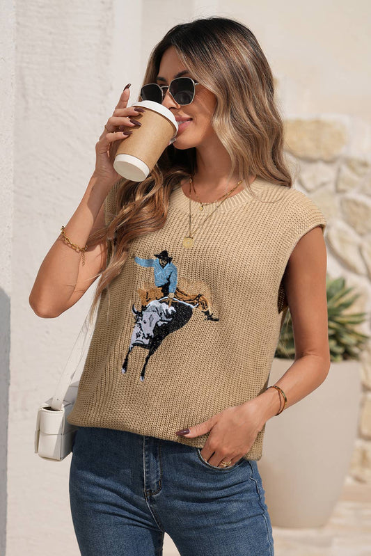 LDC Western Cowboy Embroidery Round Neck Sleeveless Sweater: Parchment