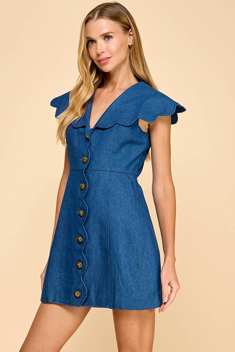 Denim Scallop Detail Button Down Dress