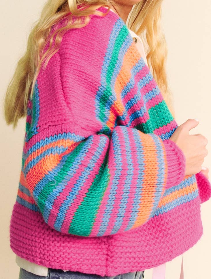 Stripe Colorful Puff Sleeve Drop Shoulder Loose Cardigan