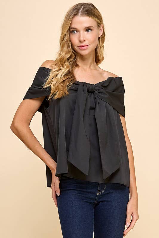 CT9079-Bow Accented Off The Shoulder Top: Black / S