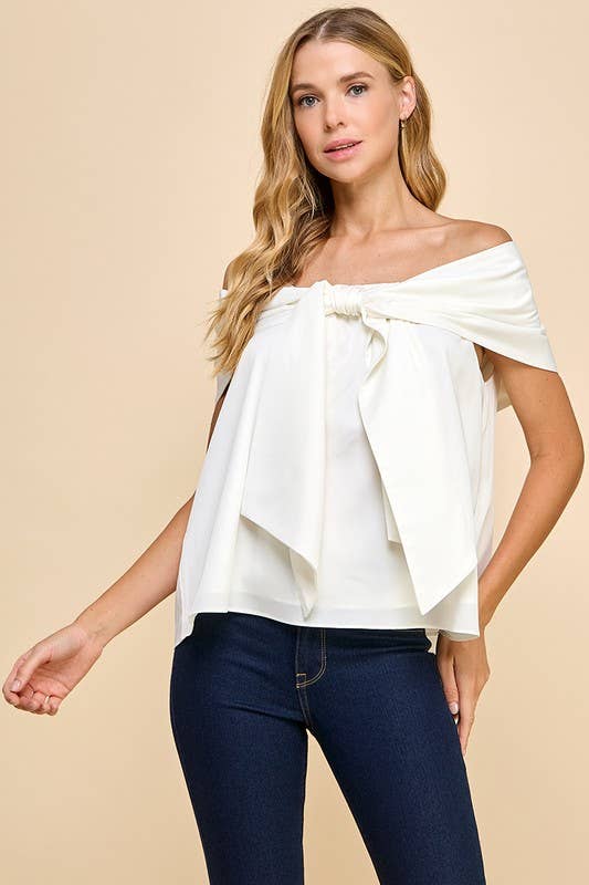 CT9079-Bow Accented Off The Shoulder Top: Black / S