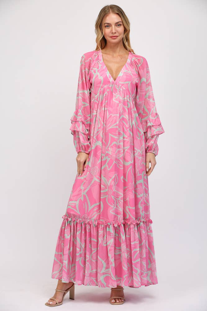 DEEP V-NECK WITH RUFFLED LONG SLEEVE MAXI DRESS