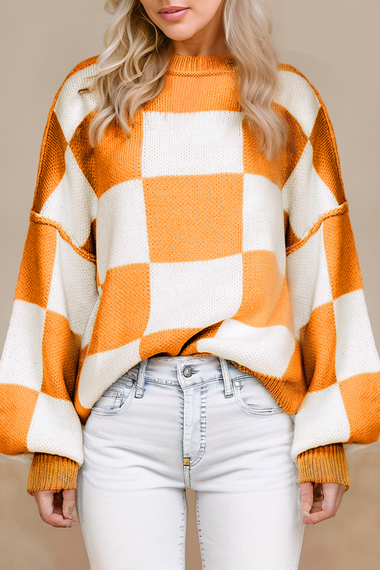 Orange Checkered Bishop Sleeve Knit Sweater