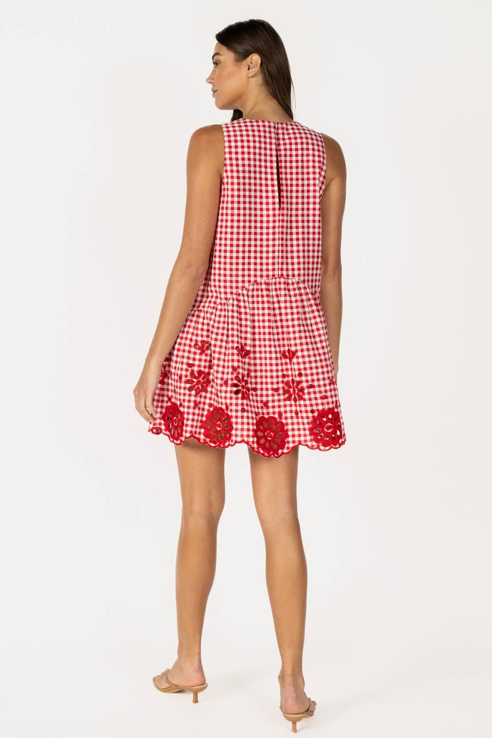 Red Gingham Sleeveless Mini Dress with Eyelet Hem