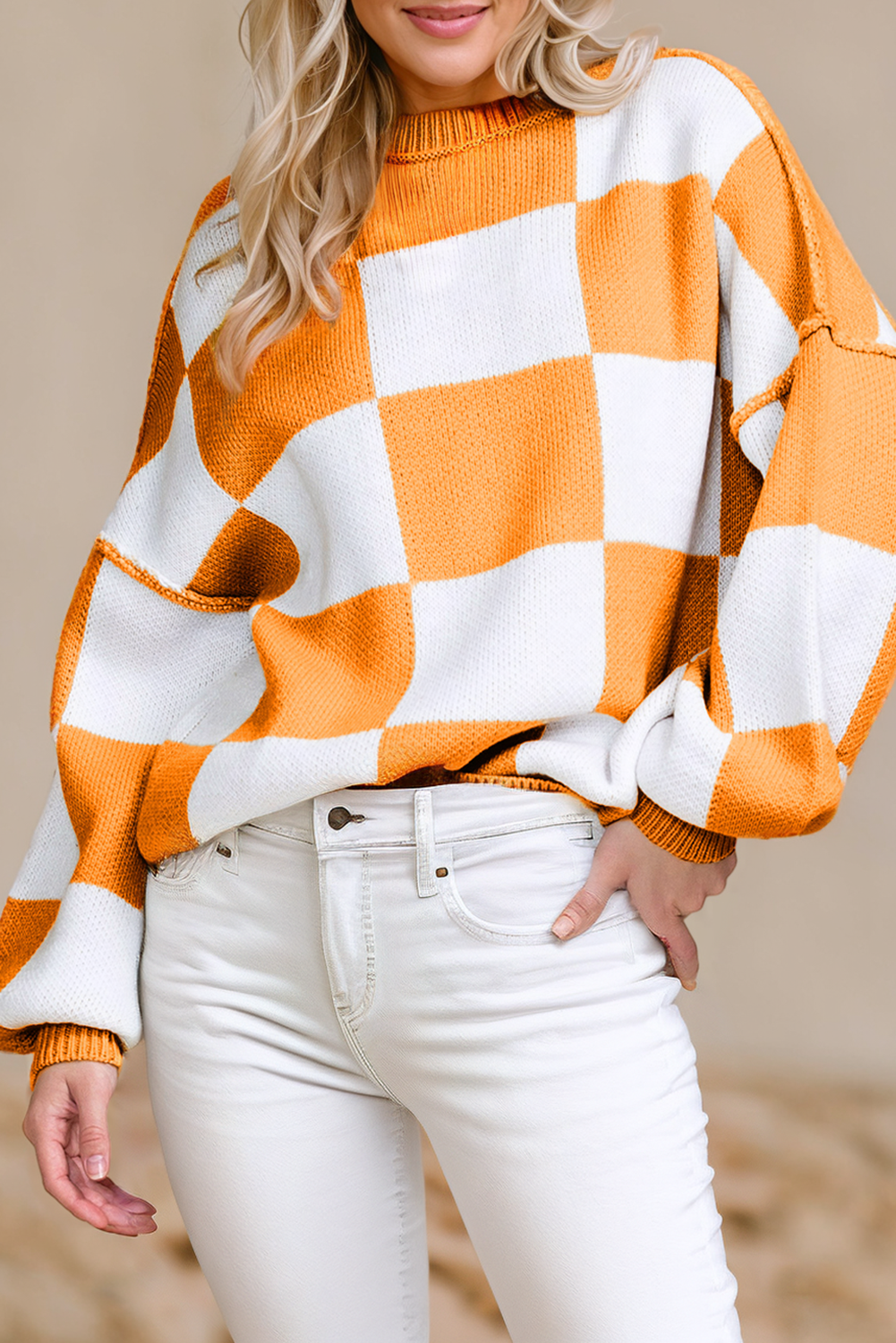 Orange Checkered Bishop Sleeve Knit Sweater