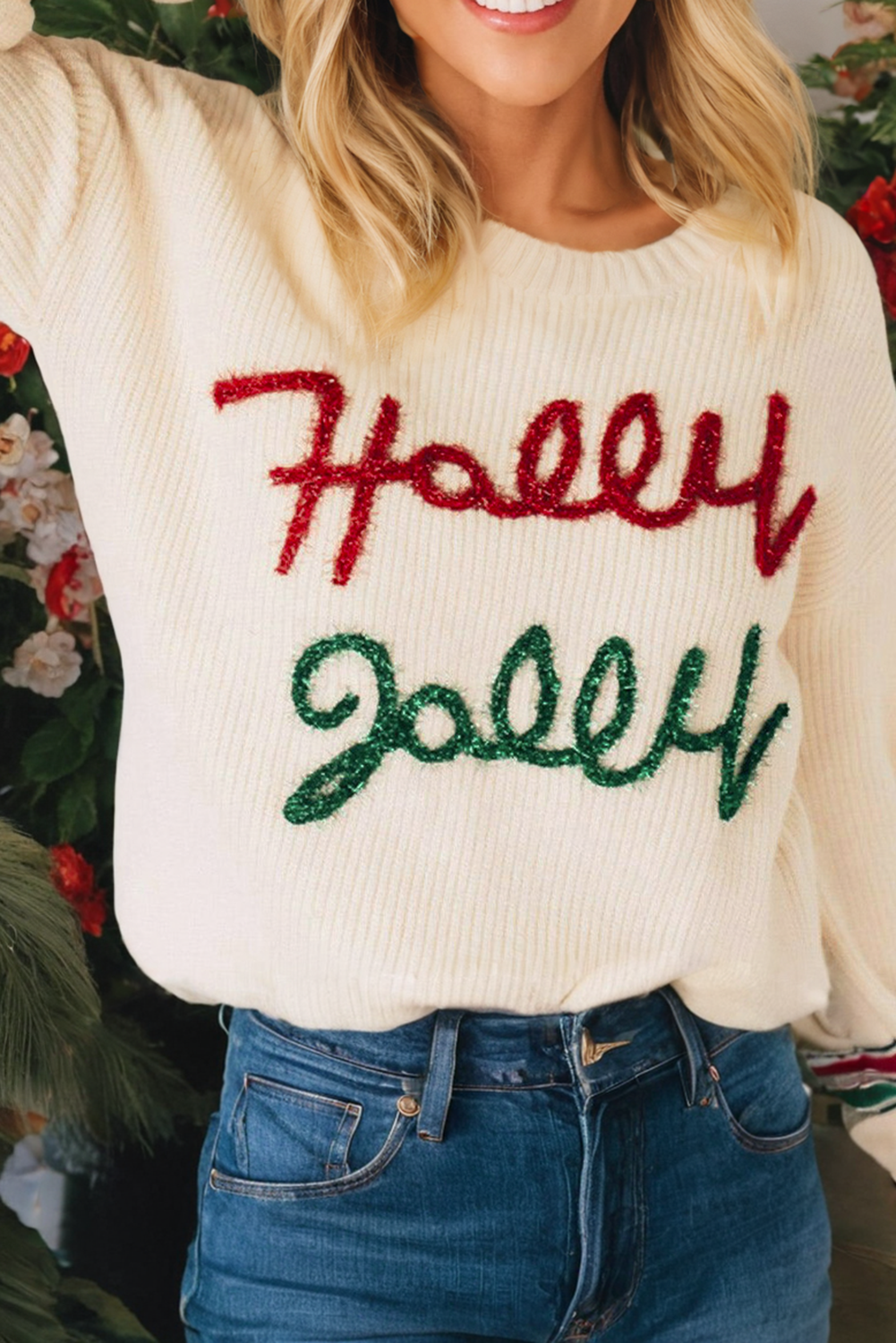 Tinsel Holly Jolly Graphic Classic Sweater: Beige