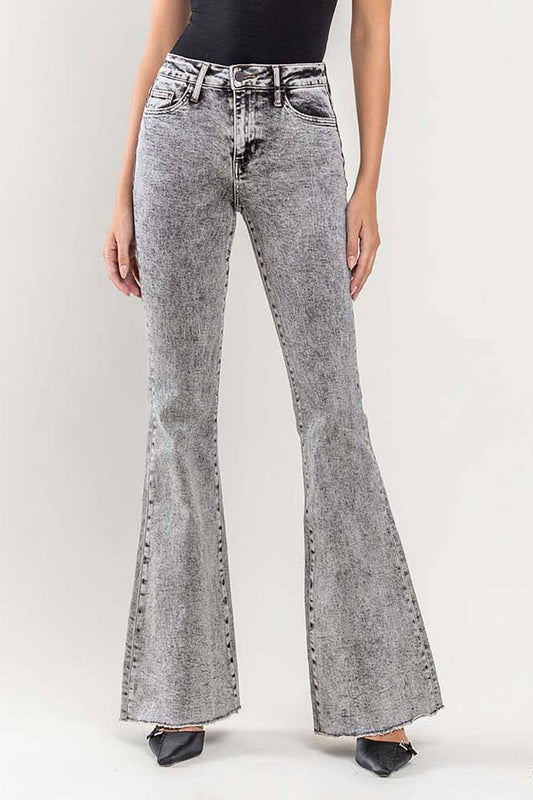 HIGH RISE OVER DYED ACID WASH SUPER FLARE JEANS