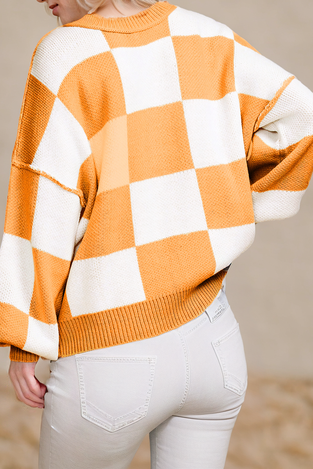 Orange Checkered Bishop Sleeve Knit Sweater